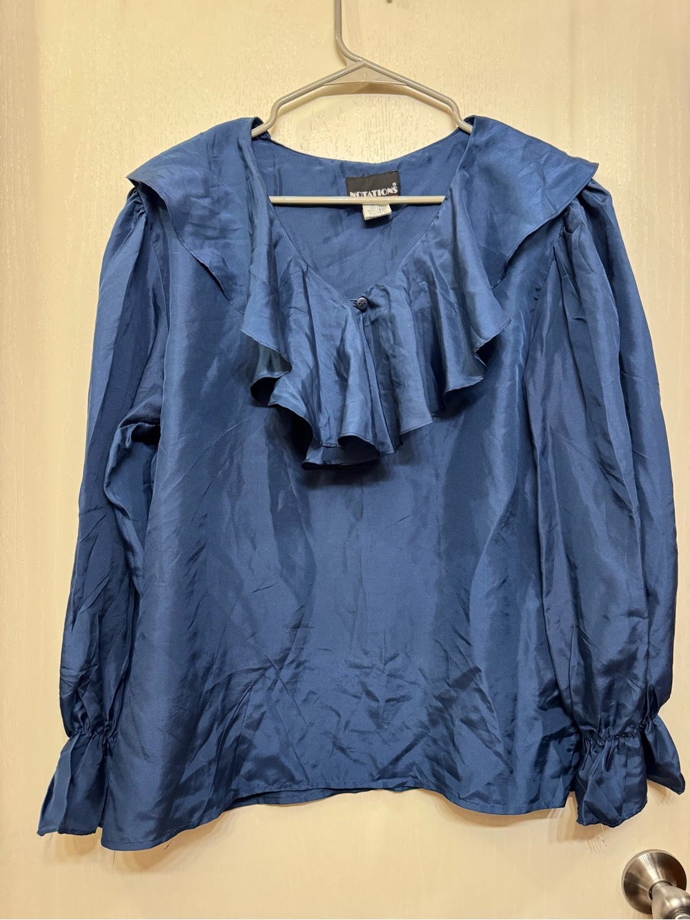 Notations 100% Silk Blue Ruffle Statement Blouse M